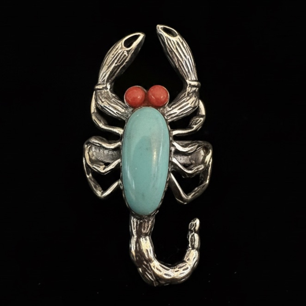 Silver‎ Scorpion Ring with Turquoise and Red coral Accents - Picture 4 of 6